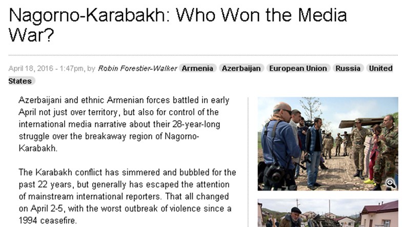 «EurasiaNet»: Пока Азербайджан жестко контролировал СМИ, иностранные журналисты через НКР получили свободный доступ к зоне конфликта